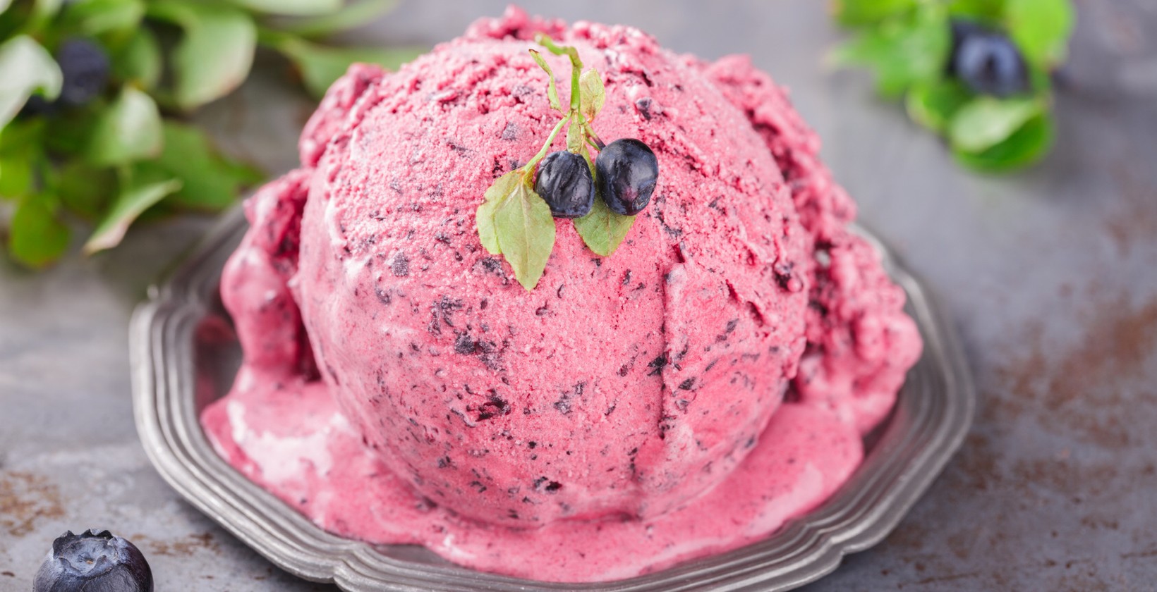 Ice cream with blueberries in a vintage metal ware